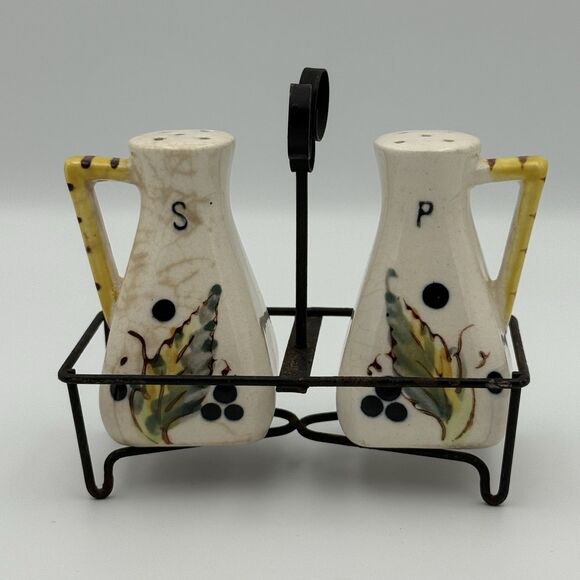 Vintage Carafe Shaped Salt and Pepper Shakers in Metal Caddy Grape/Leaf Pattern - Picture 1 of 10